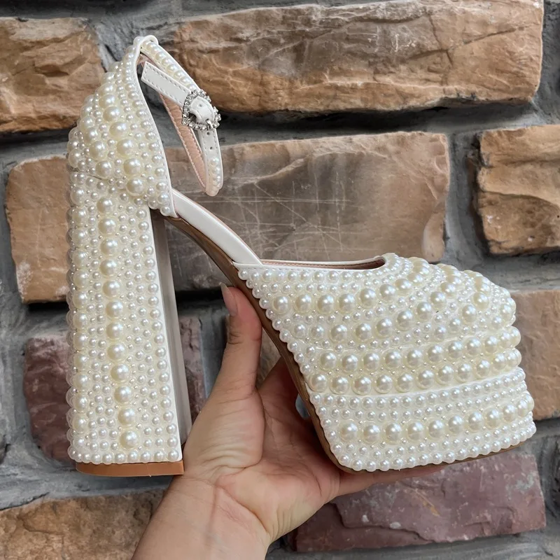 2024 Handmade Beaded Thick Heel Round head Sandals 35-41 High Heel Waterproof Platform Women\'s Shoes Wedding Dress Luxury Pearl