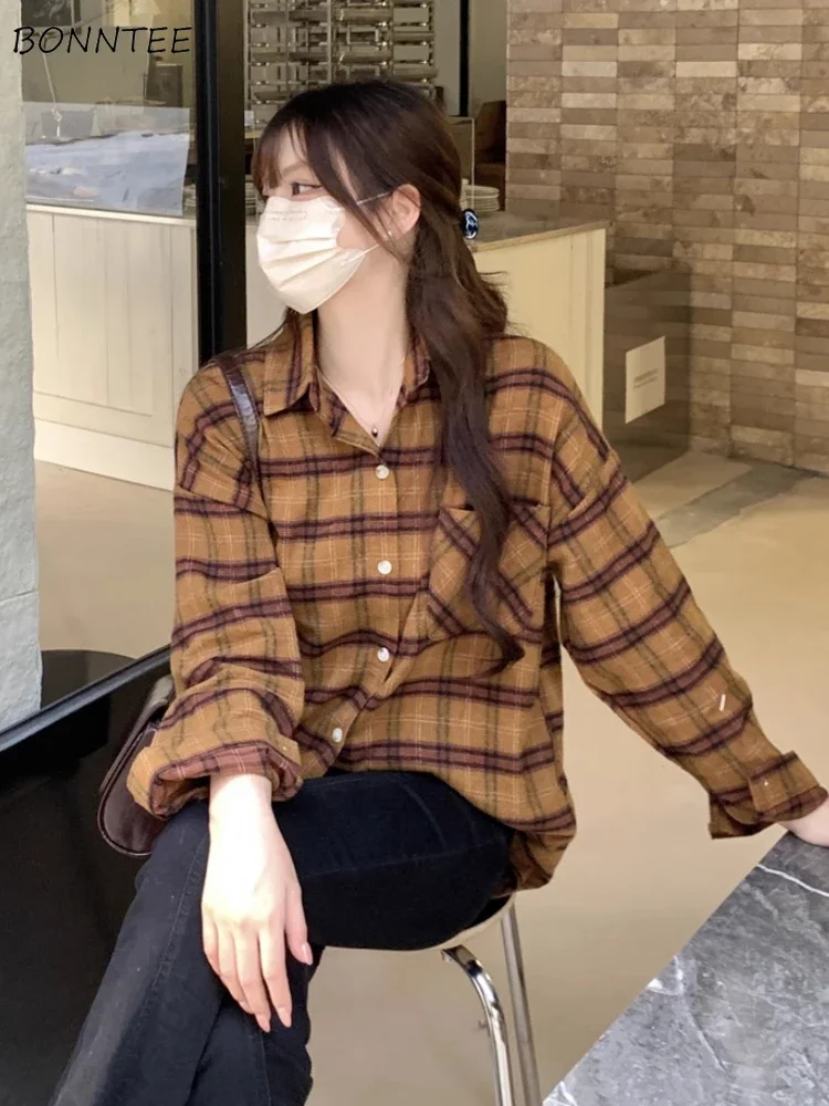 

Long Sleeve Shirts Women Retro Plaid Tops Casual Lazy Style Loose Fashion Ulzzang Cozy Camisas De Mujer Classic Autumn Clothing