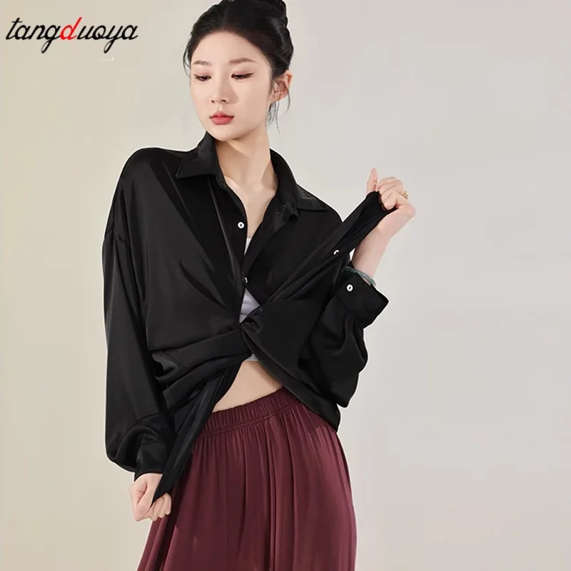 Modern dance costumes Women Men Loose Satin Shirts Long Sleeve Dance Shirt Classical Dance Top Button Elegant Shirts Solid Blous