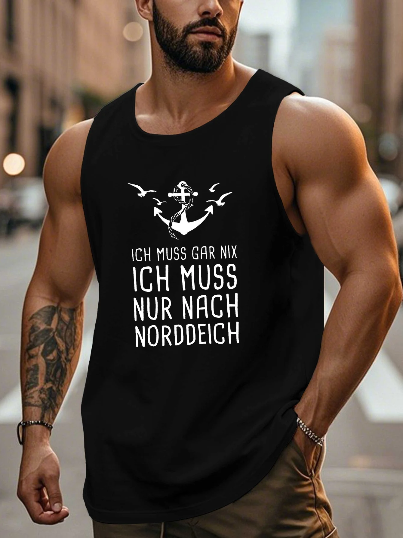 

Мужская забавная футболка без рукавов с немецким принтом - черно-белая майка большого размера с немецким принтом.