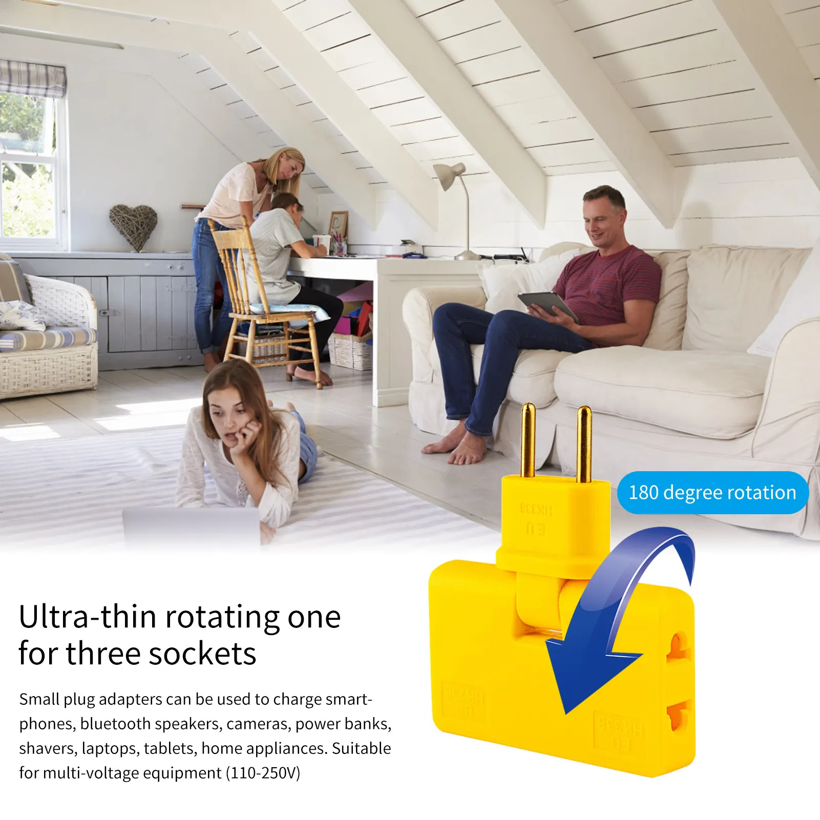 EU ปลั๊กต่อไฟฟ้า3 In 1อะแดปเตอร์ Mini Outlet Power Splitter แปลง180องศาหมุนปรับ