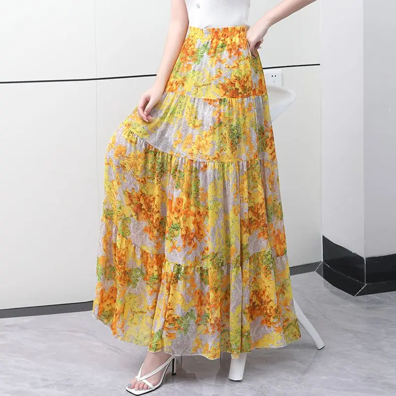 Sweet Women  Cake Skirt Summer Trend High Waist Pleated Skirt Casual Elegant All-Match A-line Big Swing Double Layer Skirt