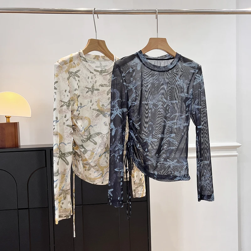 Retro Chinese Style Pleated Long Sleeve Women's T-shirt Slimming Floral Print Top Fashionable Change in Seconds Autumn 2025