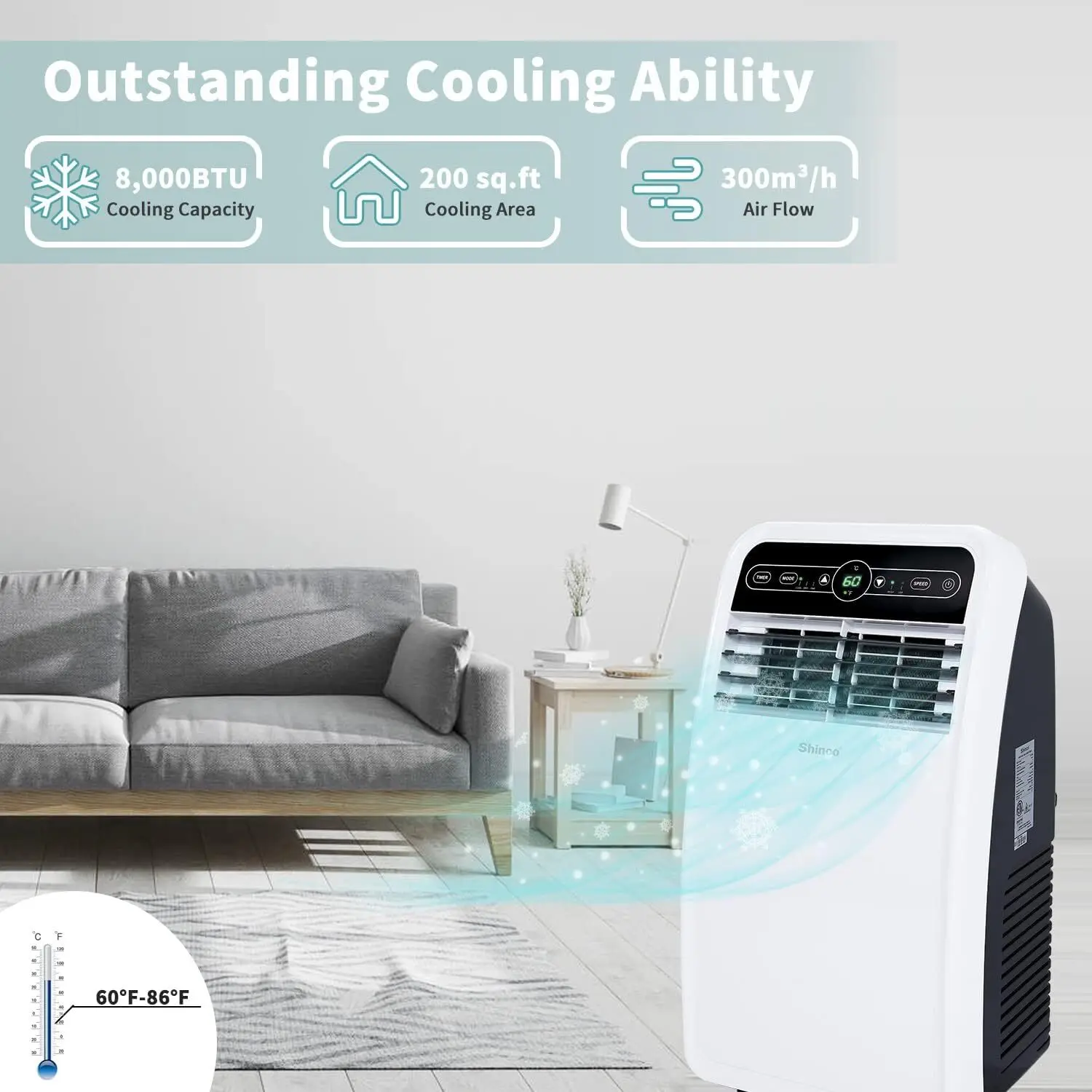 Portable Air Conditioner, AC Unit with Built-in Cool, Dehumidifier & Fan Modes for Room up to 200 sq.ft, Condit