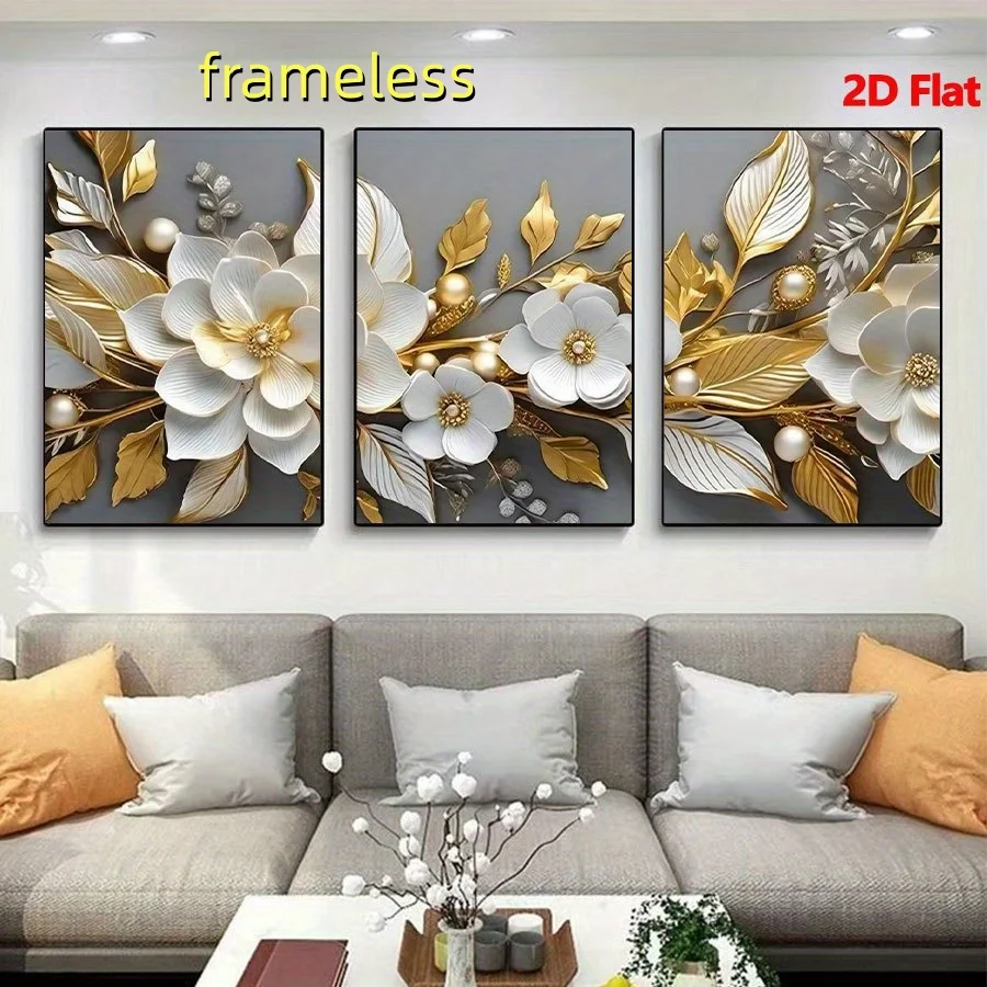 3 modern gold foil floral art canvas posters, perfect for wall decoration in living rooms, bedrooms, offices, kitchens, dining r