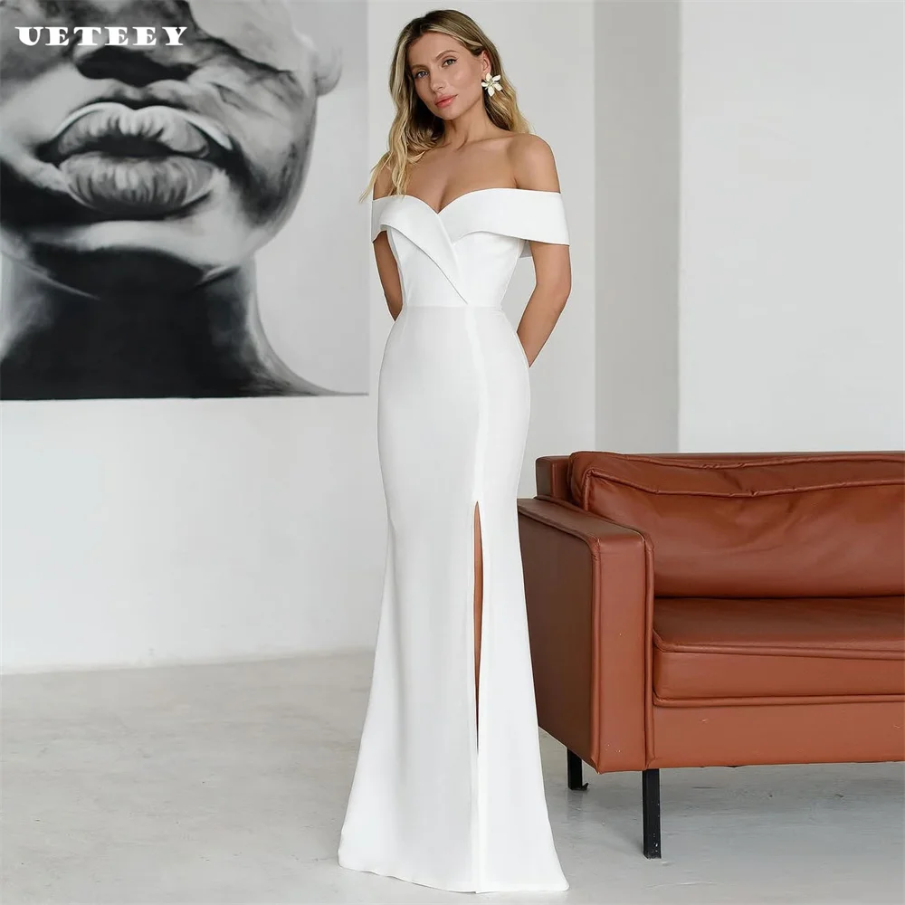 

UETEEY Customized Simple Pleats Off Shoulder Crepe Mermaid Wedding Dress Women High Slit Zipper Back Court Train Bridal Gown
