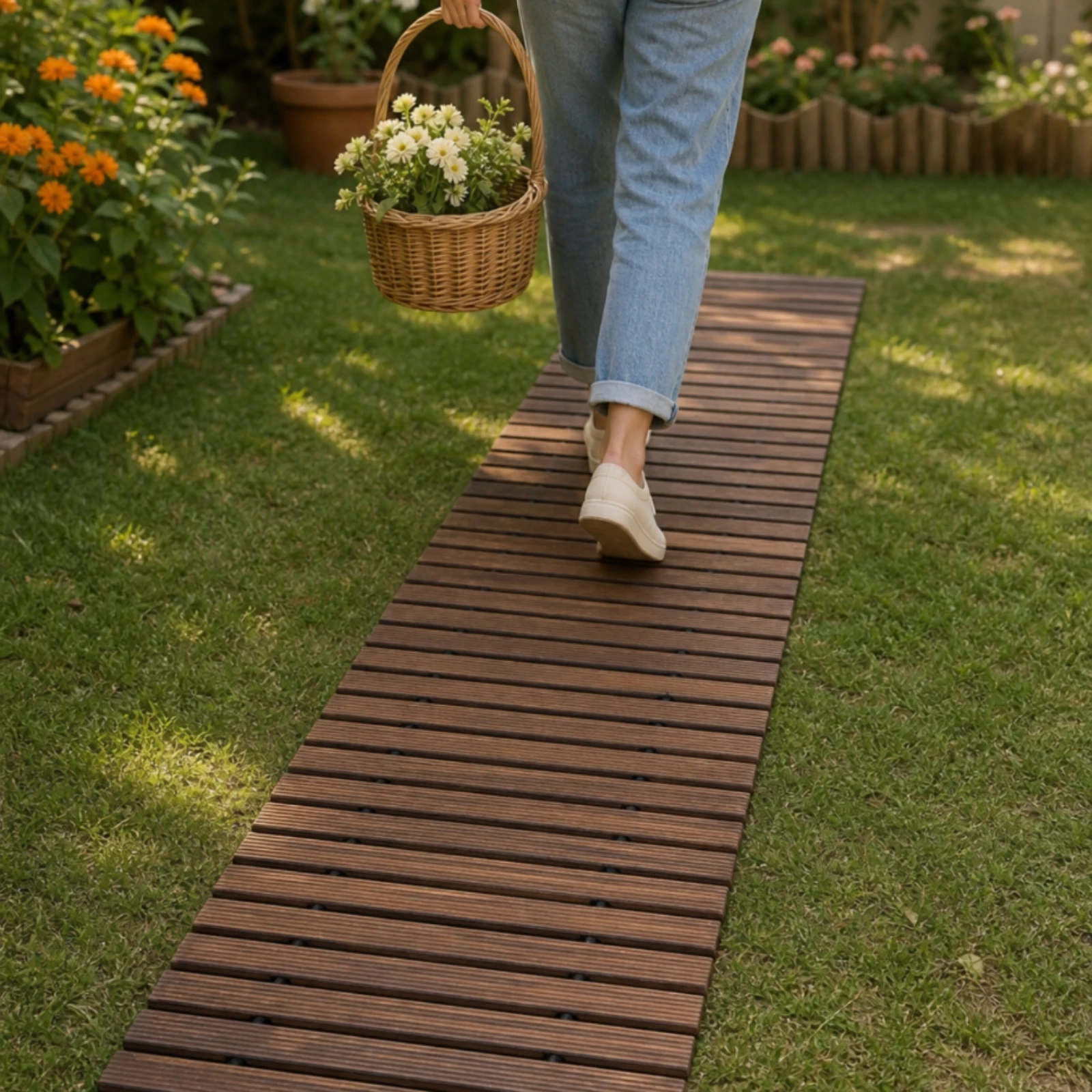 Roll-up Wooden Walkway Outdoor Roll-out Garden Mat Slatted Wooden Walkway Space-Saving Sturdy for Backyard, Lawn
