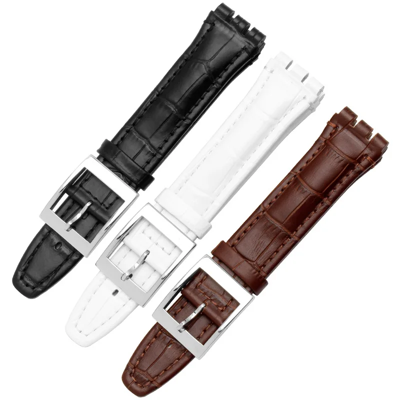 Genuine Leather Strap For Swatch Watchband 17mm 19mm Sweatproof Bracelet Belt with Steel Stainless Clasps Men Watch Accessories