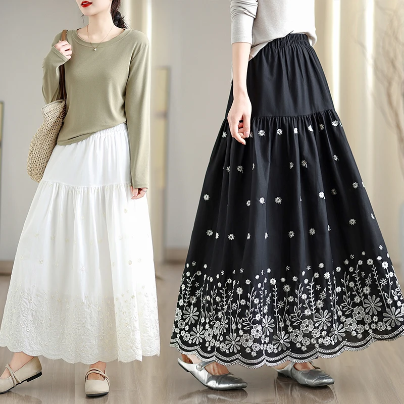 

Ele High Waist A-Line Skirt with Patchwork Floral Embroidery Spring New Sle Women's Long Skirt Casual Cotton Blend