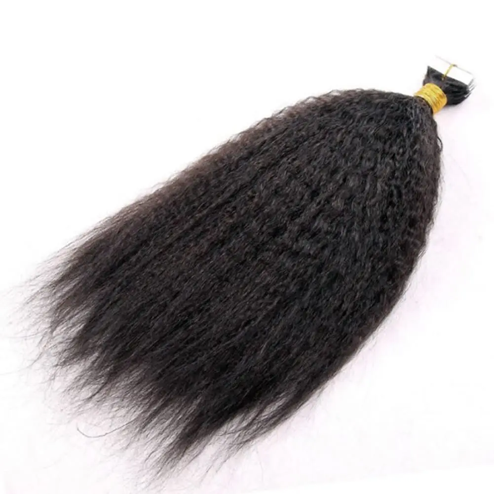 Pita lurus Kinky dalam ekstensi rambut manusia 100% perekat rambut Virgin Remy hitam tak terlihat 12 "-26" inci untuk wanita