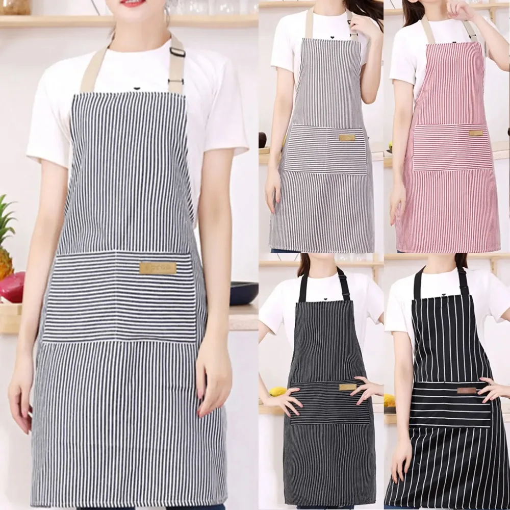 2pcs White Black Striped Man Woman Home Restaurant Kitchen Baking Nail Bib Oil Repellent Work Apron 2 Pockets Adjustable