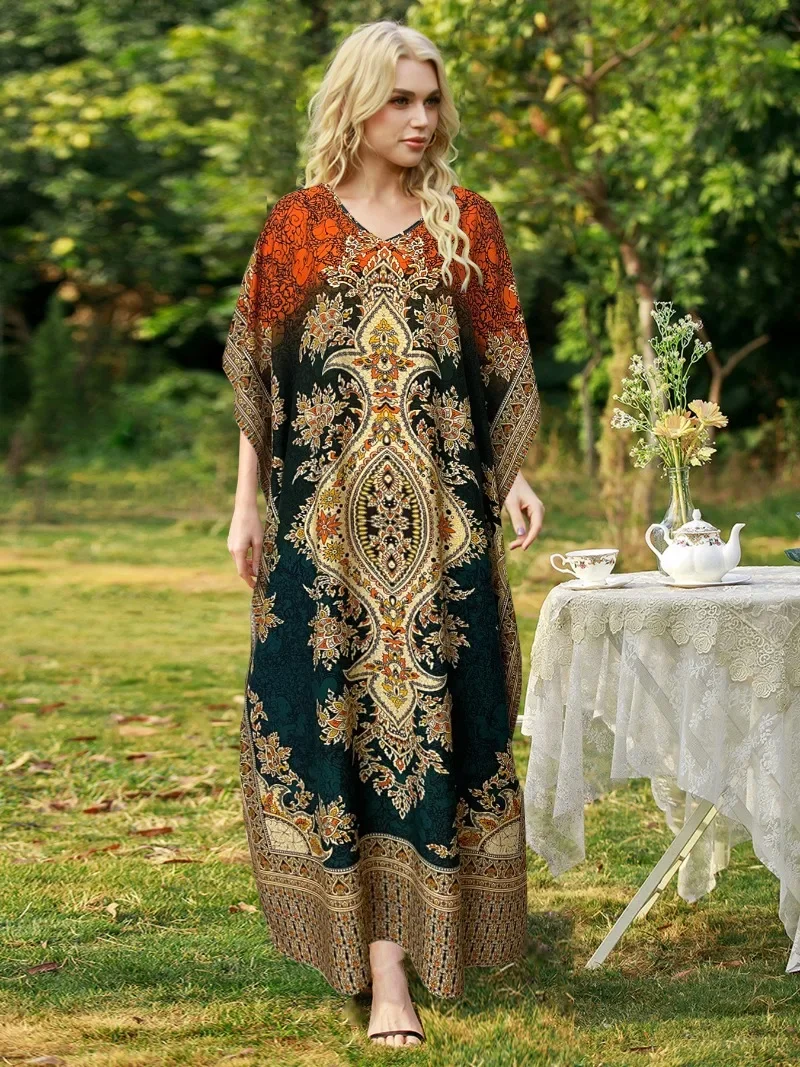 

Women's printed one size dress loose robe seaside vacation dress