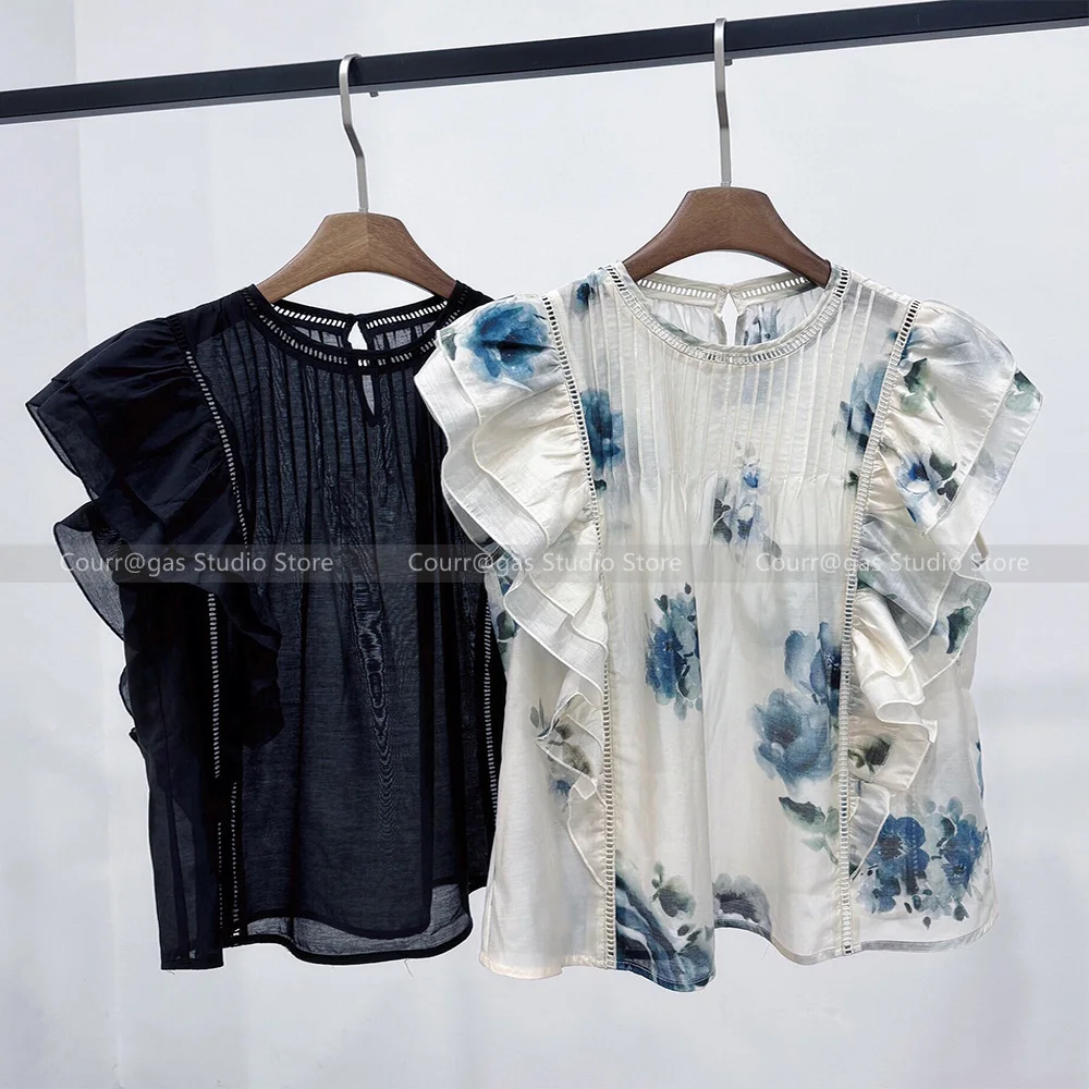 French design ruffled short-sleeved shirt female senior sense of hundred with foreign style loose floral blouse