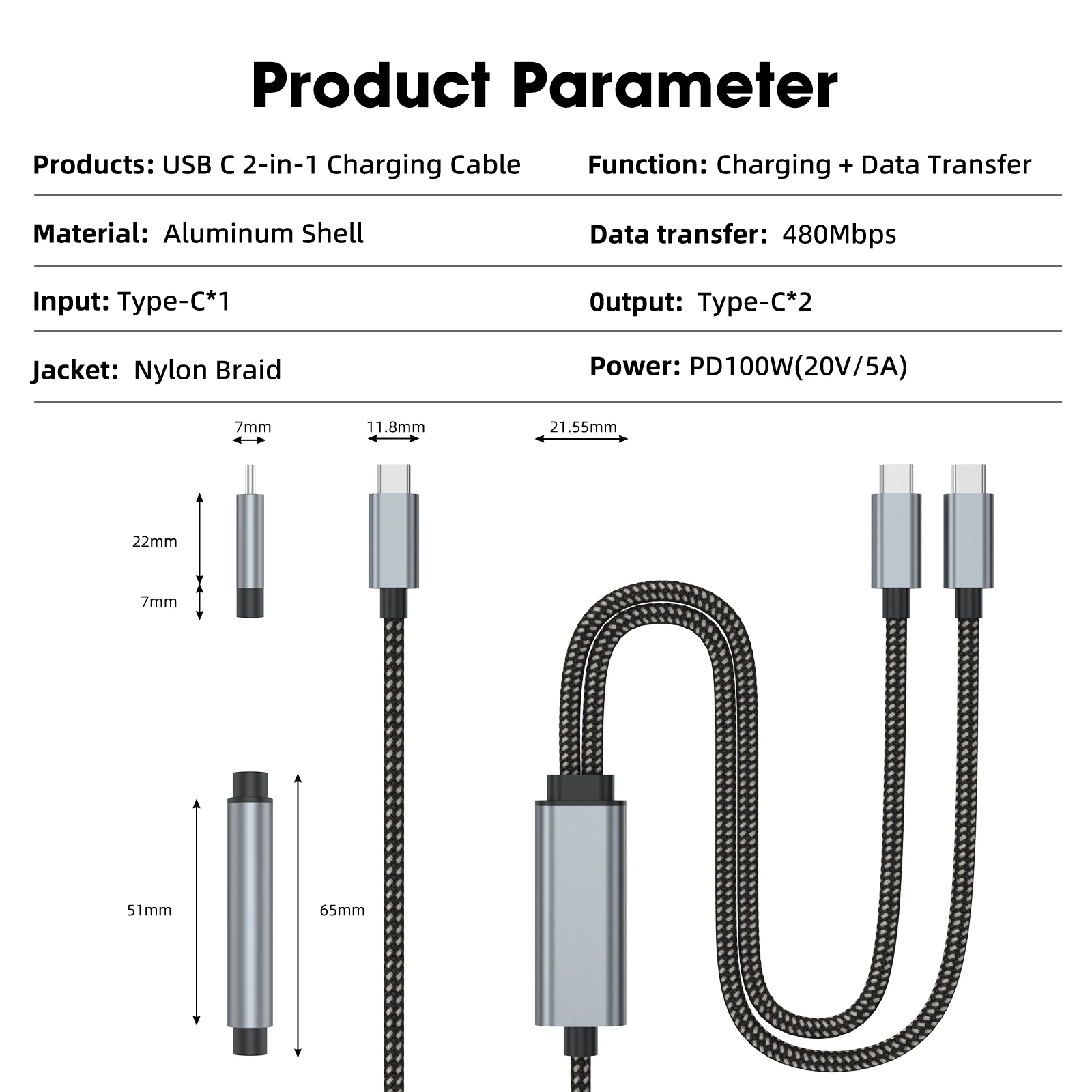 كابل 100 وات من النوع C 2.0 - USB C إلى النوع C، شحن سريع مزدوج الإخراج ونقل البيانات، تصميم متين مضفر من النايلون #4