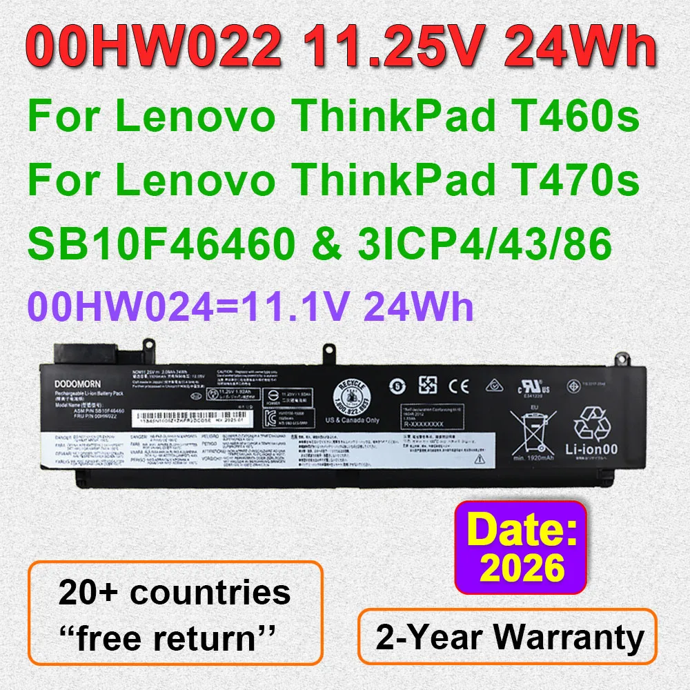 DODOMORN 00HW022 For Lenovo ThinkPad T460s T470s Series Laptop Battery 00HW023 00HW024 00HW025 01AV405 01AV406 SB10F46460 OEM