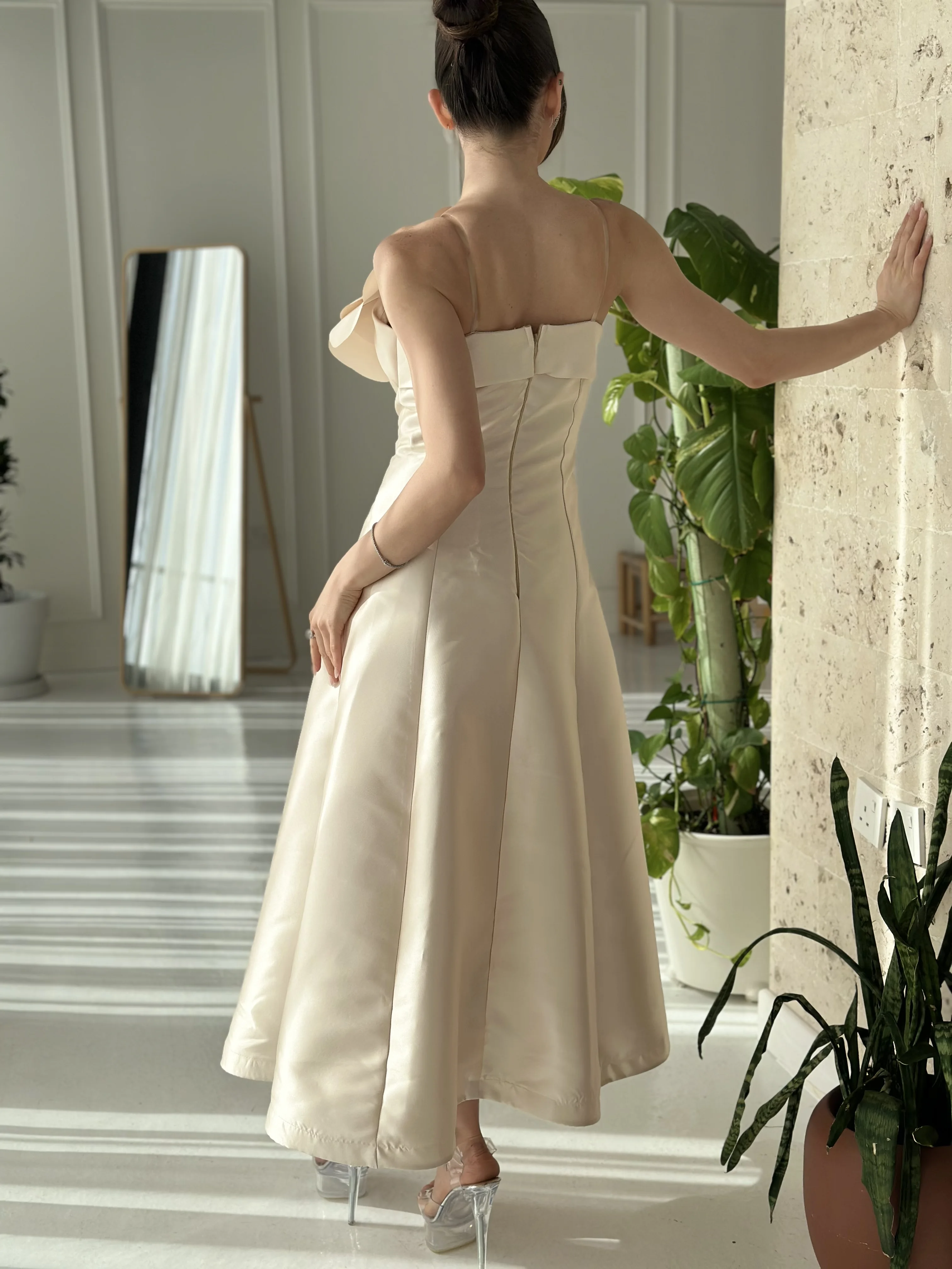 Robe élégante sans bretelles pour femme, champagne, zone de luxe, longueur thé, robe de soirée de mariage, fleur