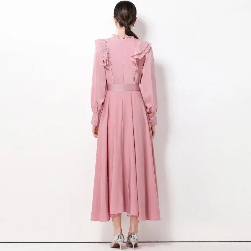 Ele Long Sve Maxi Dr com gola franzida na cintura e cinto vintage Aosphere feminino Faion primavera outono