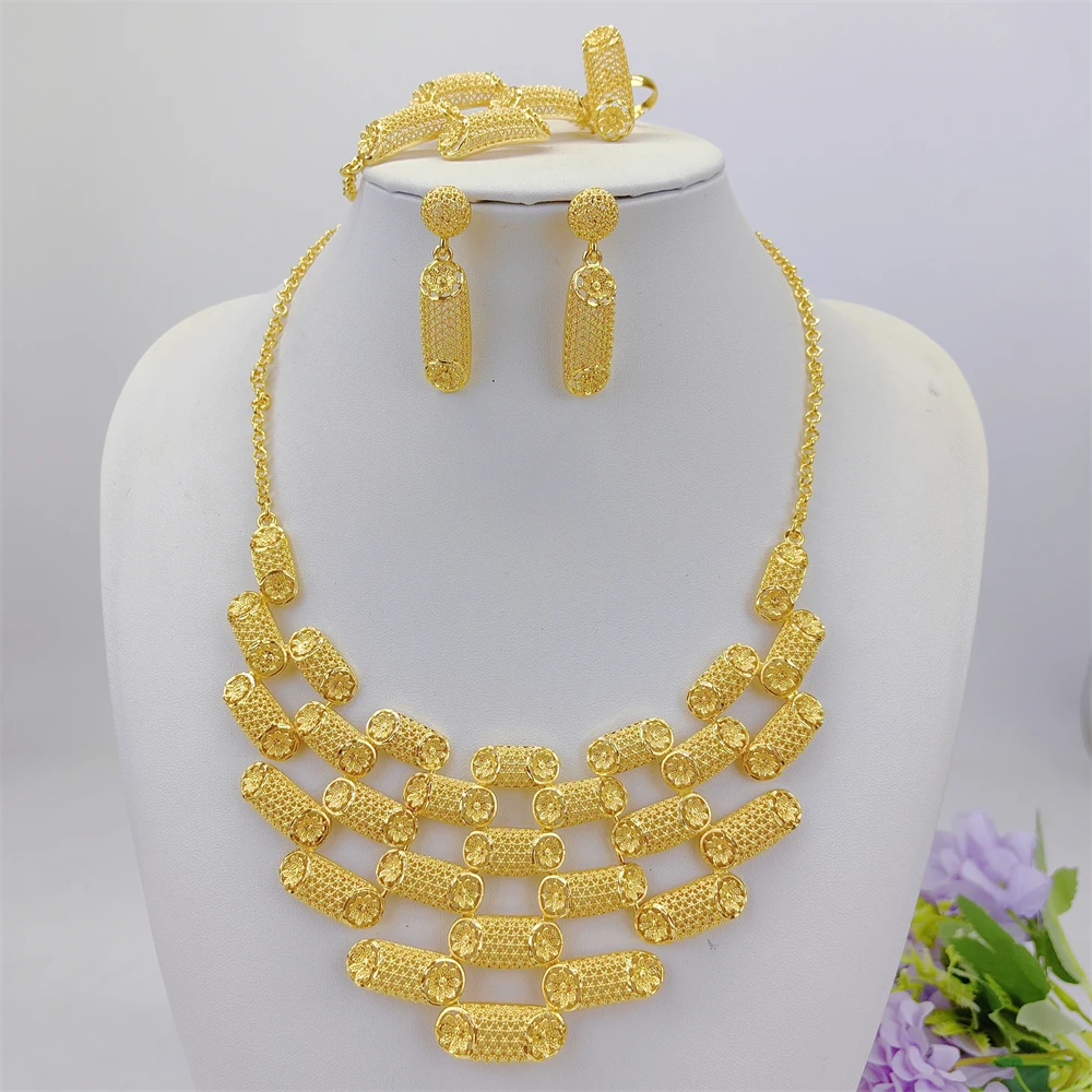 ESALE Luxury Gold Plated Necklace Earrings Bracelet Ring Set Women 18K Gold Plated Dubai Jewelry Set for Women Exquisite Gifts