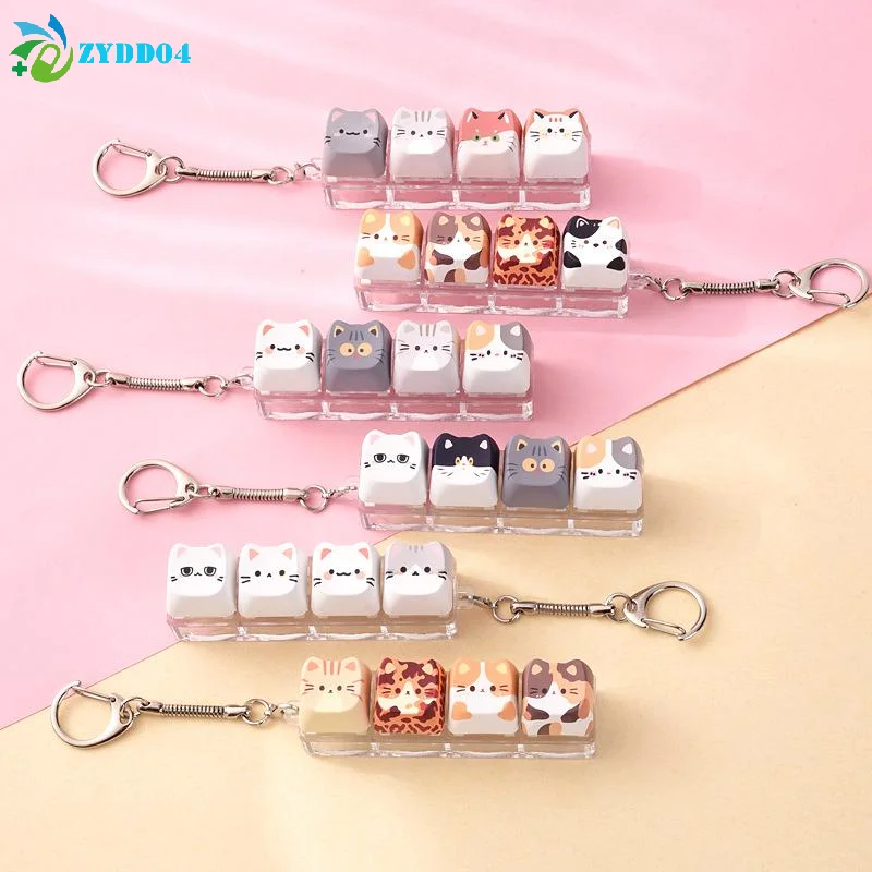 ●1Pcs Cute Cat Keyboard Fidget 4 Keys Creative Design Keycap Keyring Finger Button Kawaii Mechanical Keyboard Keychain