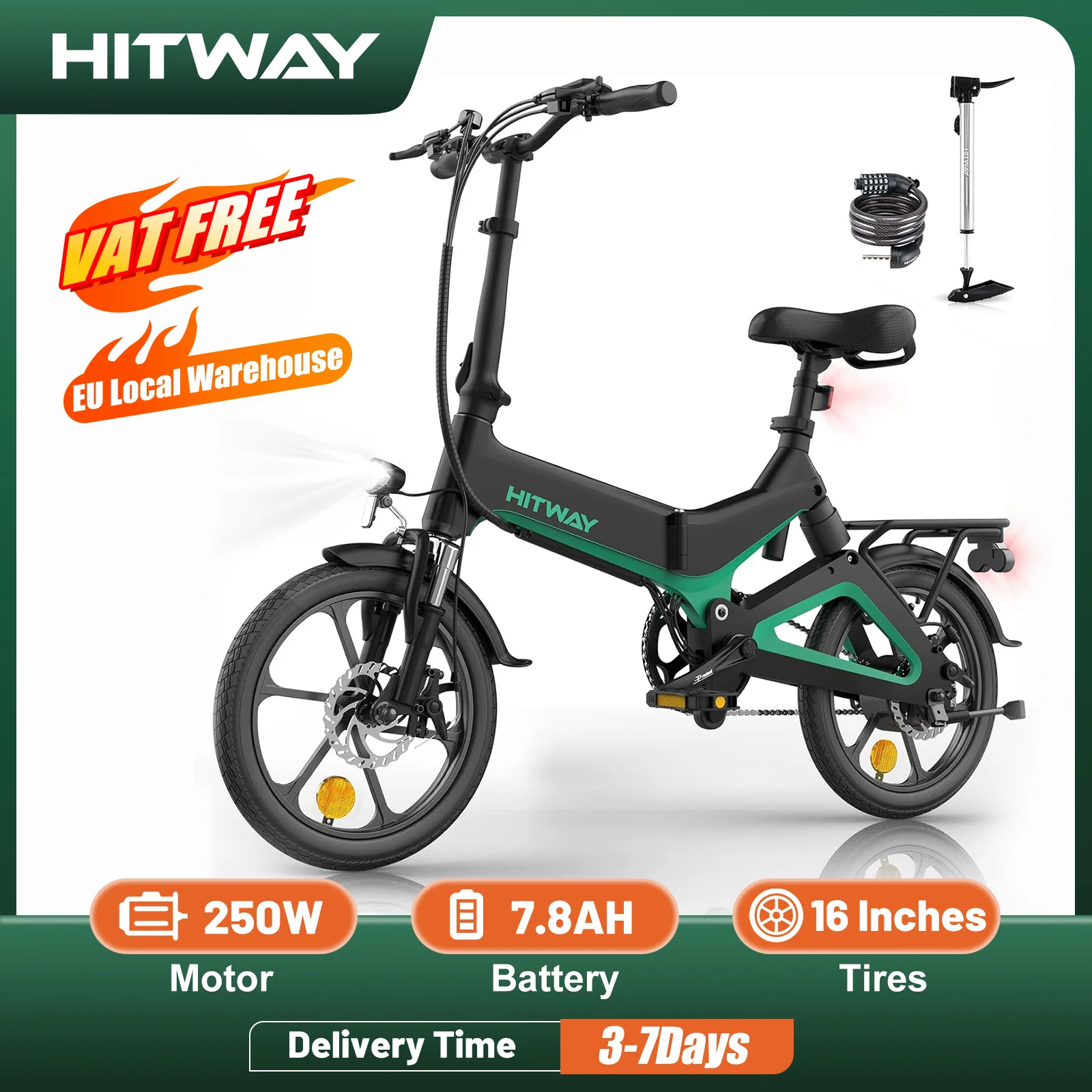 16 electric bike HITWAY W/36V Foldable Electric Pedal Assistance with 7.8ah Battery, Accelerator-Free, for teen