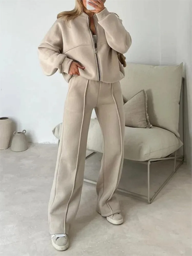 Women's Fashion Casual Suit Simple Solid Color Autumn Elegant Long-sleeved Sweatshirt Zipper Top Wide-leg Trousers Two-piece Set