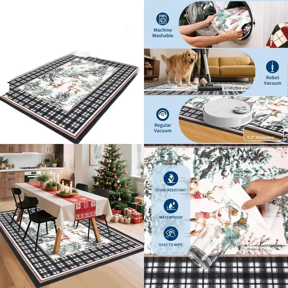 

Black 4x6 Christmas Rug: Soft Low Pile Tree & Deer Design, Non-Slip Washable Area Rug for Living Room, Bedroom, Dining Room, and