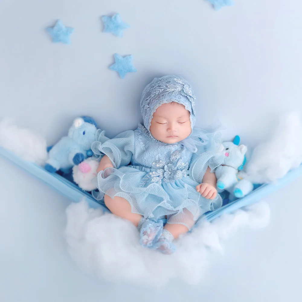 

Baby Girl Photography Props Blue Tulle Dresses+lace Hat|Unicorn Posing Pillow Pony Doll Studio Newborn Growth Milestone Shooting