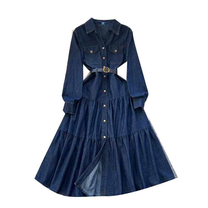 WTHT 2025 Spring Elegant Fashion Single Breasted Waist Hugging Denim Dress Lapel Long Sleeve Wrinkled Dresses Female 1LS814