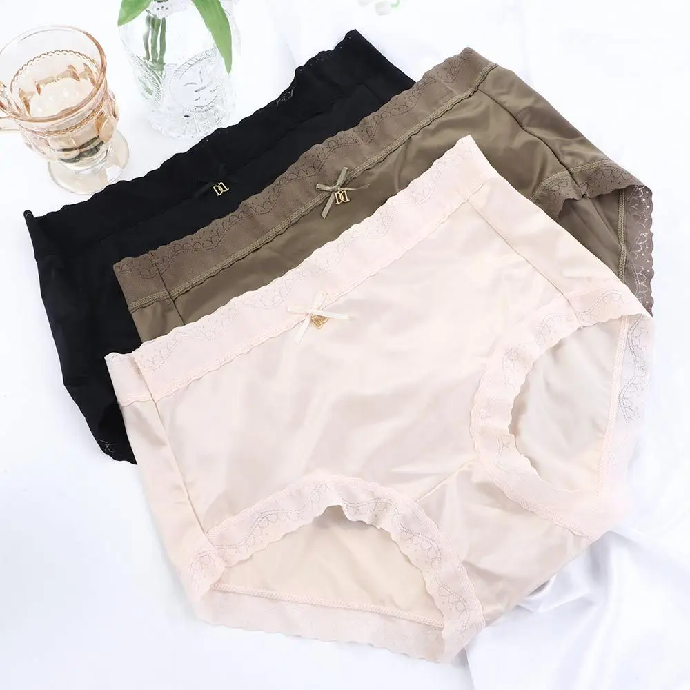 Sous-vêtements confortables et respirants, couleur unie, taille moyenne, culotte en Satin de soie glacée, sous-vêtements pour femmes, slip en dentelle, Lingerie