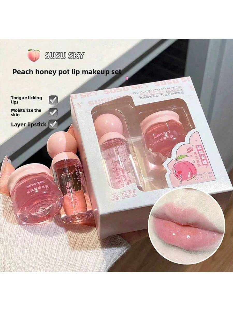 2PCS Peach Honey Jar Lip Set, Lip Mask + Honey, Day and Night Care, Moisturizing and Hydrating