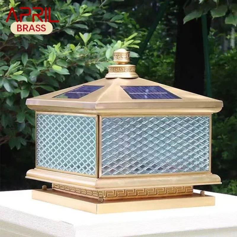 APRIL Outdoor Solar Post Lamp Vintage Creative Chinese Brass  Pillar Light LED Waterproof IP65 for Home Villa Courtyard