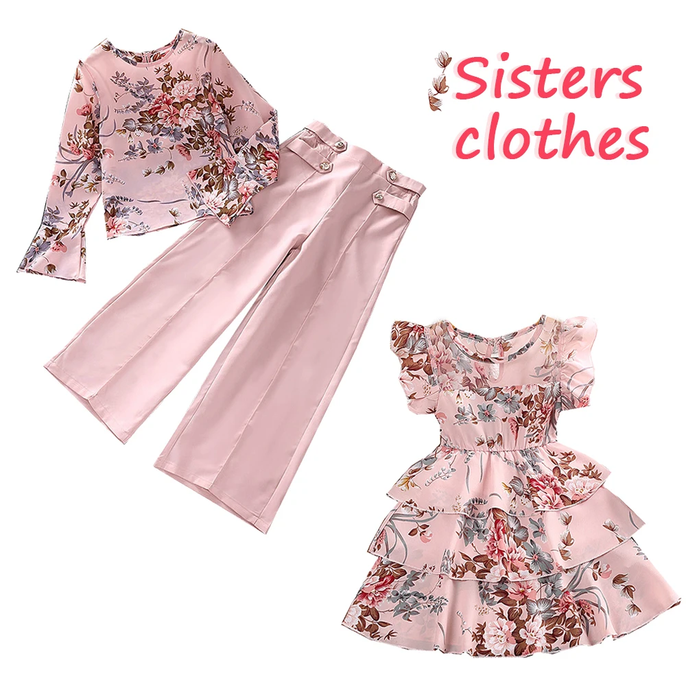 

New Summer Girls Outfit 4-11 Years Sister Sleeveless Pink Floral Vacation Dress Printed Suit Casual Daily Party