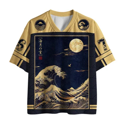 Retro Japanese Style Kanagawa Wave Print T-shirt, Gold Moon and Ocean Ukiyo-e Art Top, Harajuku Style Street Sports T-shirt