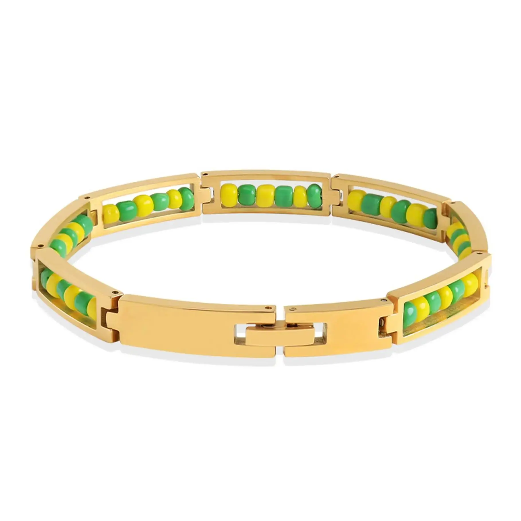 Pulseiras verdes e amarelas para homens e mulheres, jóias em aço inoxidável, miçangas mistas, design de nicho elegante