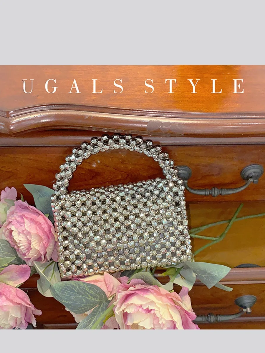 

UGALS Metal Silver Handwoven Pearl Clutch Crossbody Bag New Chinese Style Small Square Party Bag Youth Soft Handle Bag