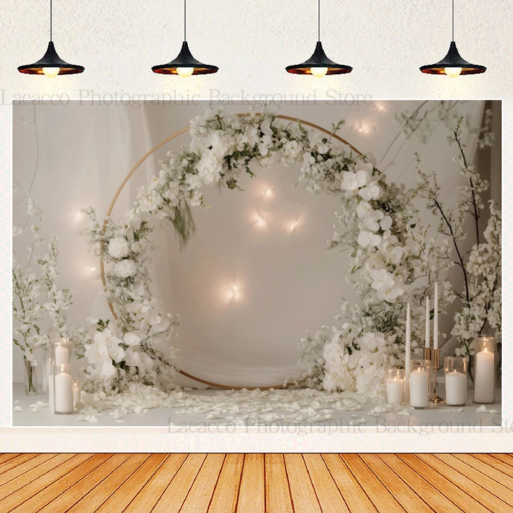 Romantic Wedding Photography Background White Rose Arch Bridal Shower Engagement Party Cake Table Banner Photobooth Studio Props