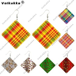Voikukka Jewelry Square Pendant England Plaid Design Pattern Both Sides Print Wood Dangle Women Earring Accessories Wholesale