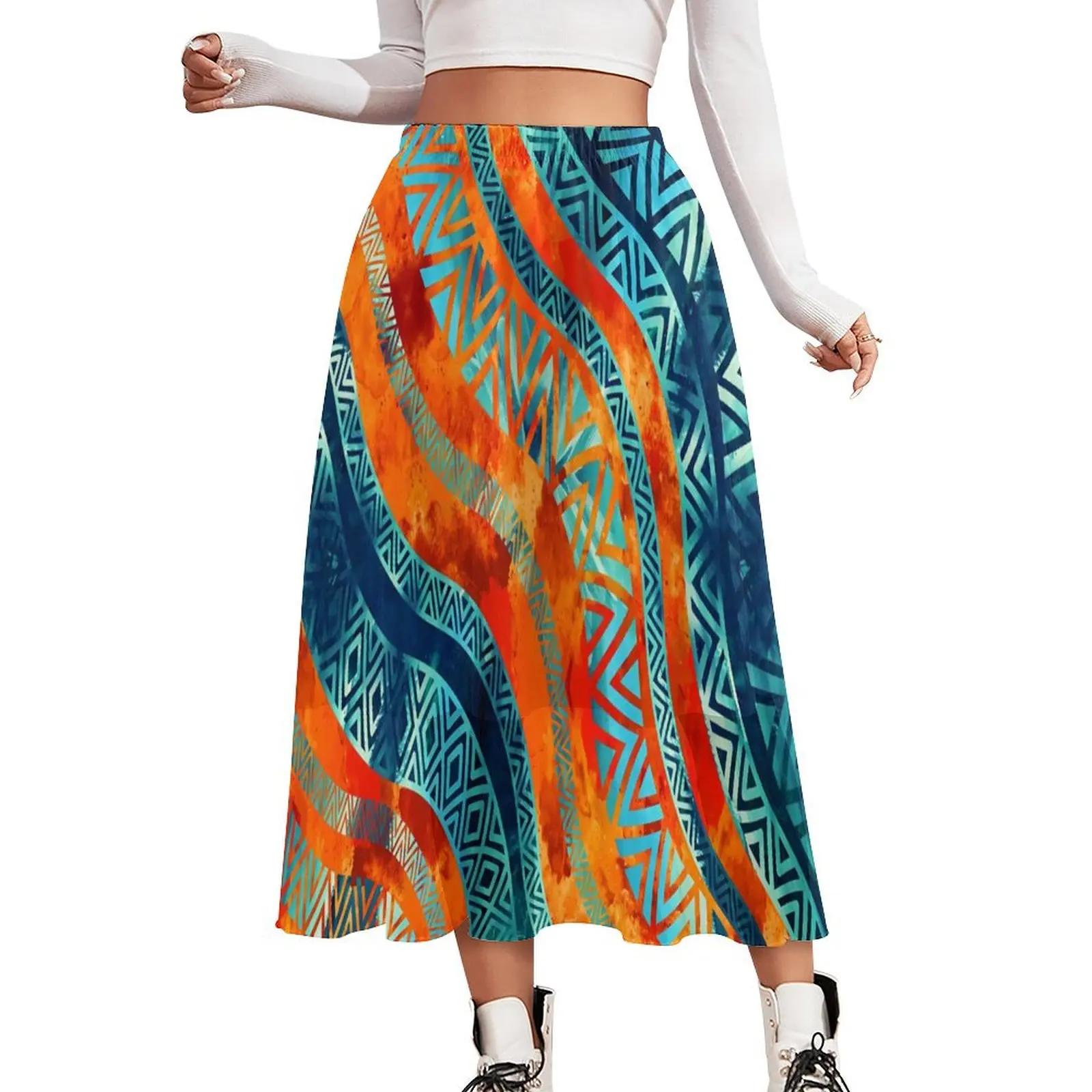 

Wavy Tribal Ethnic Skirt Boho Vintage Print Beach Long Skirts Summer Streetwear High Waist Chiffon Pattern Big Size A-line Skirt