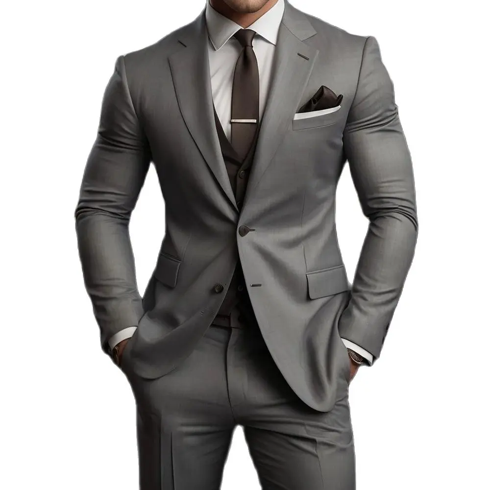 High Quality Men\'s Suits Grey Outfits Single Breasted Notch Lapel Wedding Costume Homme 3Piece Jacket Pants Vest Slim Fit 2024