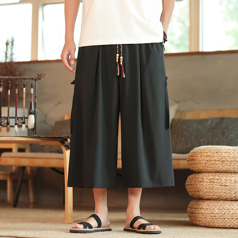 Causal Baggy Pants Mens Summer Japan Samurai Draped Harem Men's Traditional Wide Leg Pants Black Male Calf-Length Trousers M-5XL