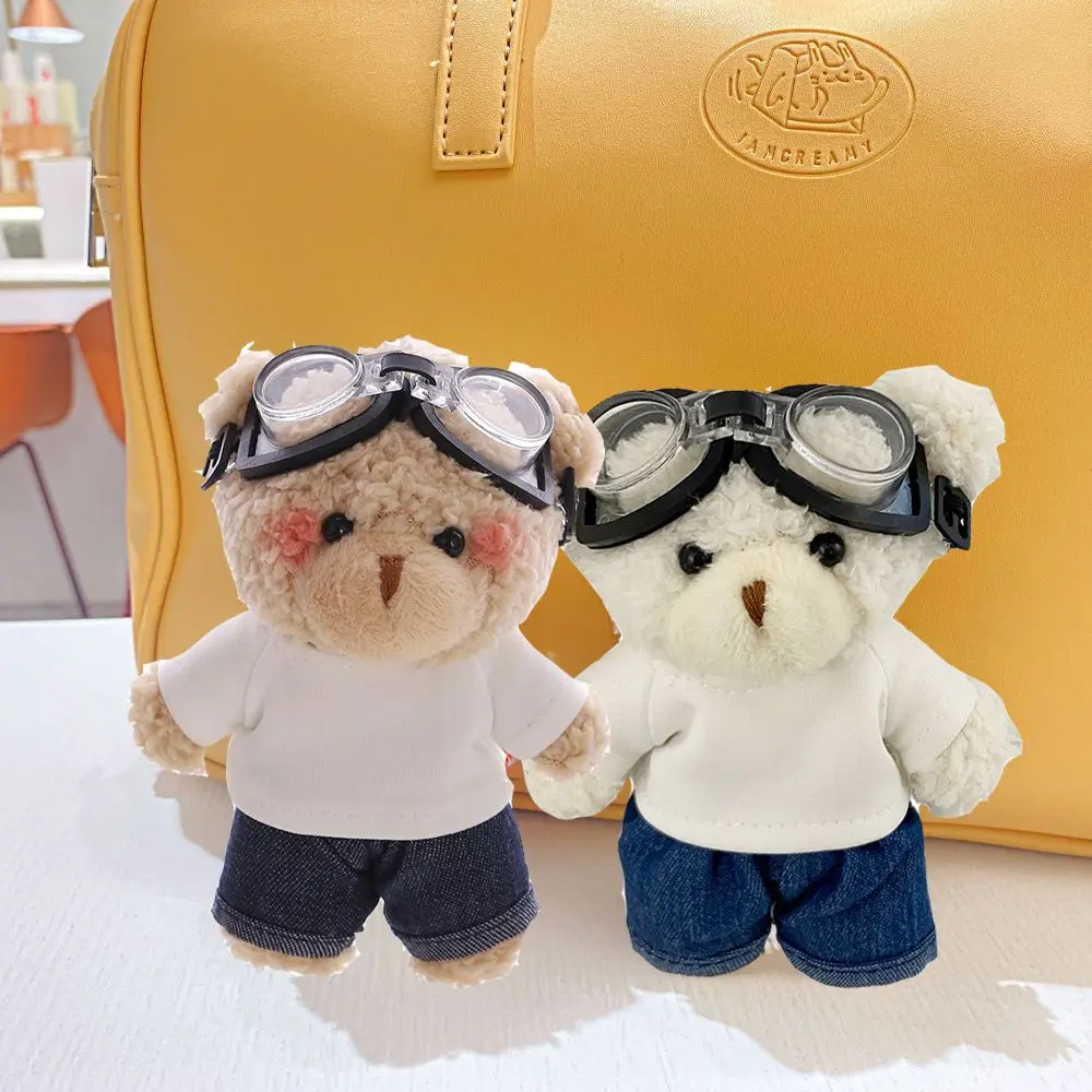 Creative With Glasses Pilot Bear Keychain White T-shirt Jeans Plush Doll Keychain Cute Stuffed Bear Doll Bag Pendant Girls Gift