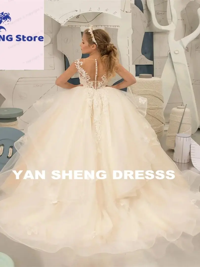 فستان زفاف مخصص من التول بدون أكمام لفتاة الزهور منتفخ للأطفال الصغار فستان عيد ميلاد أول مناولة