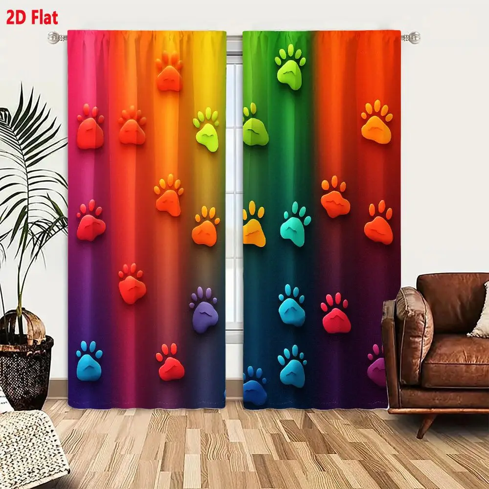 2Pcs Curtains 2D Flat Rainbow Gradient Background With Colorful 3D Raised Paw Prints In Red Orange Yellow Green Blue Purple Sect