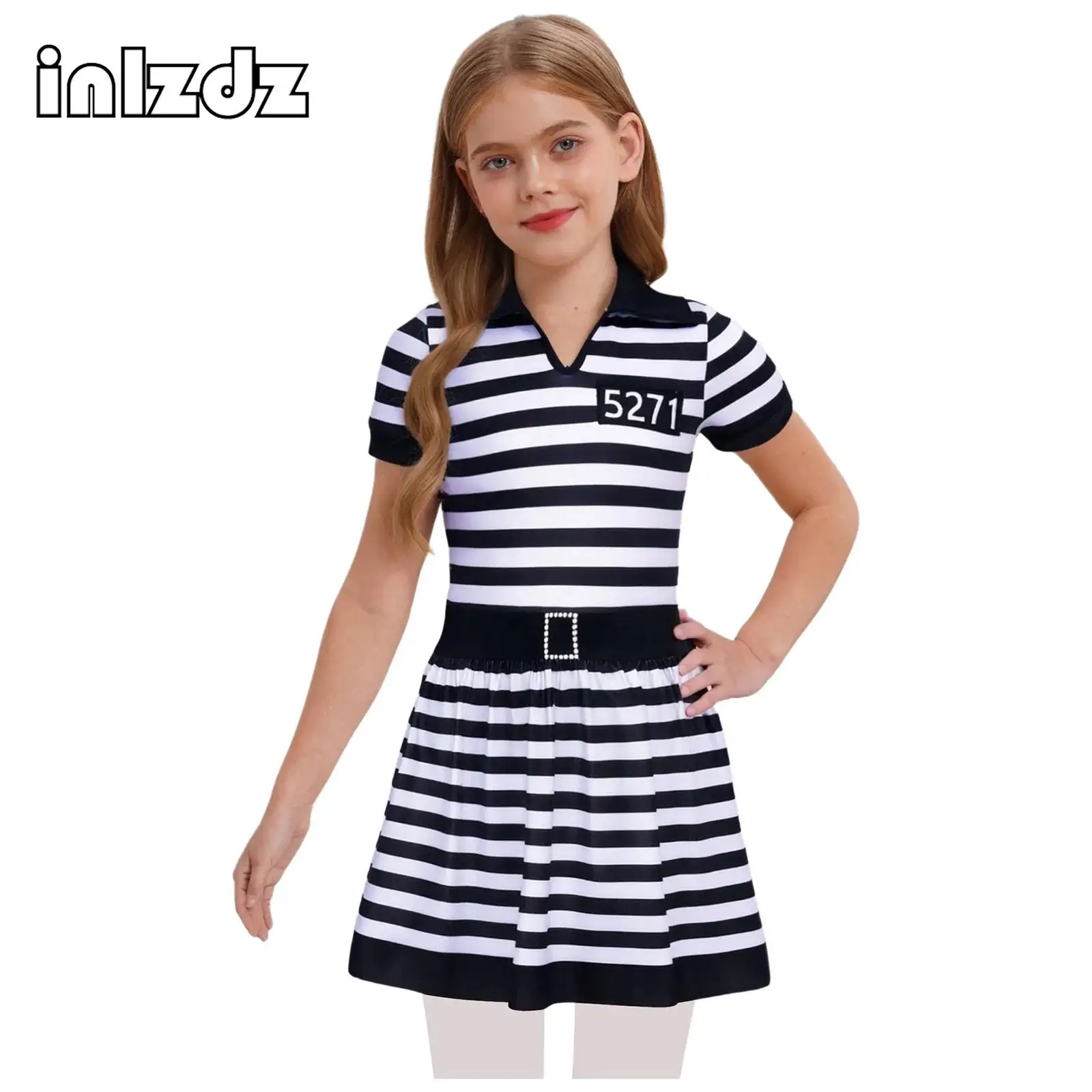 

Girls Prisoner Cosplay Costume Halloween Black White Striped Jailbird Inmate Dress Ruffled A-Line Skirt Prison Overalls Uniform