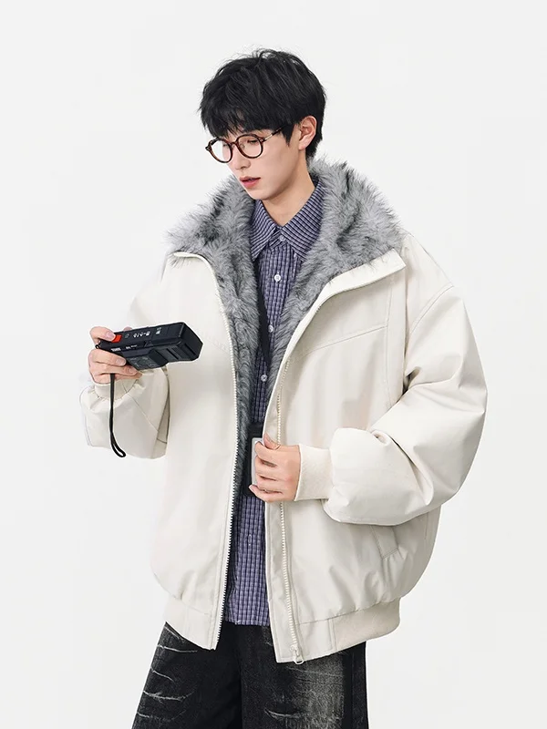 Men's Thiened Faux Fur Collar Cotton Jaet Winter Sli American Retro Fce Lined Quilted Coat Youth Casual Zipper Clo...