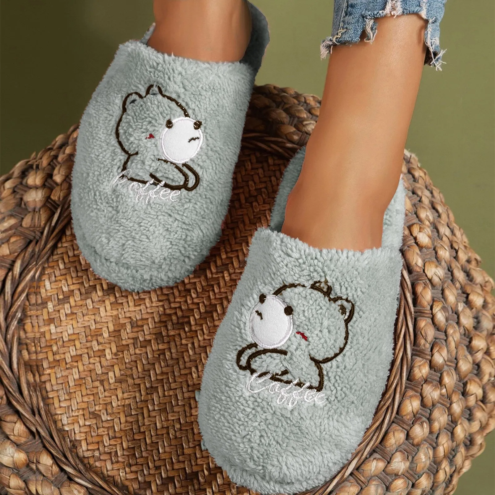 Cute Womens House Slippers Memory Foam Ladies Cartoon Embroidered Bedroom Slippers Cotton Bunny Slippers For Women Size 9-11