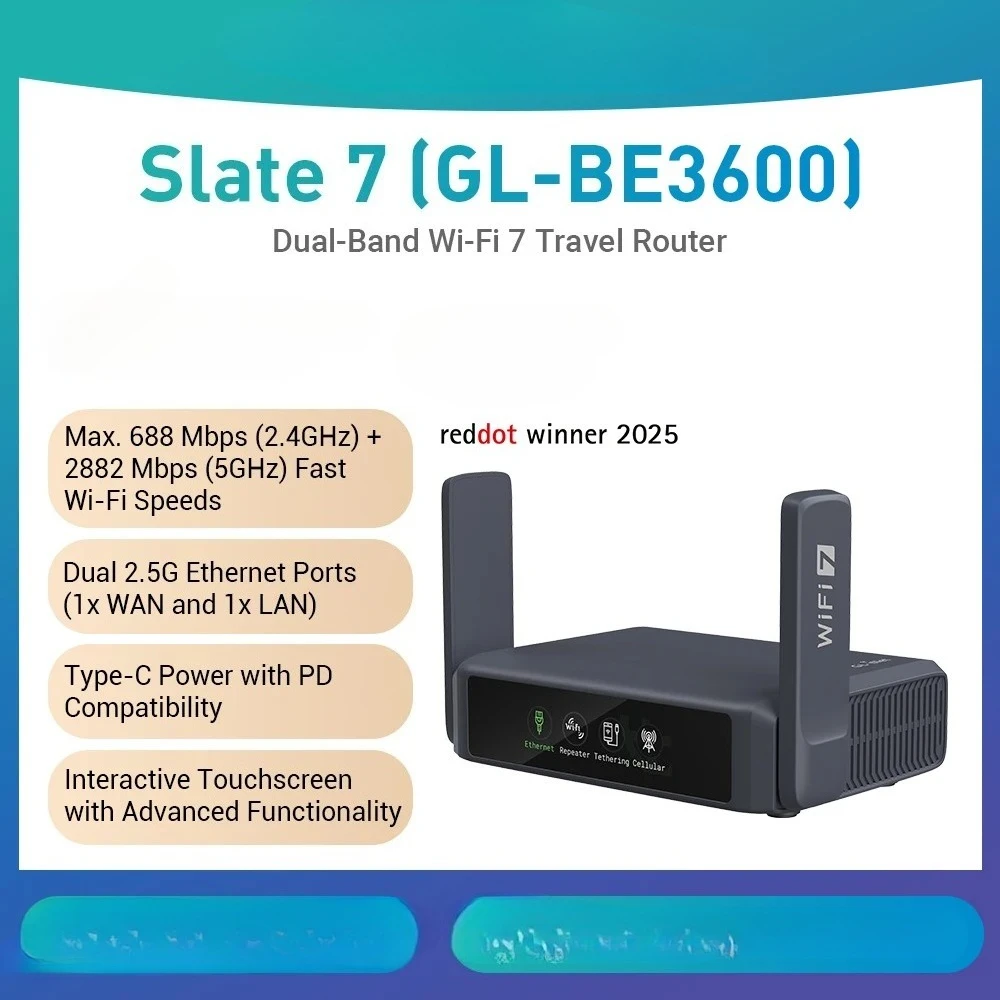 GL-BE3600( Slate 7) Wi-Fi 7 Router, Dual 2.5G Ports, Touch Screen,  3570Mbps Gaming Hotspot, VPN for Public & Hotel