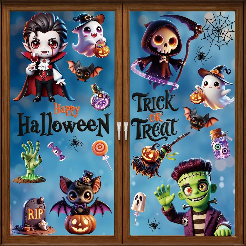 Halloween Hulk Reaper Skeleton Trick or Treat Festival Window Static Decorative Stickers for Halloween Party