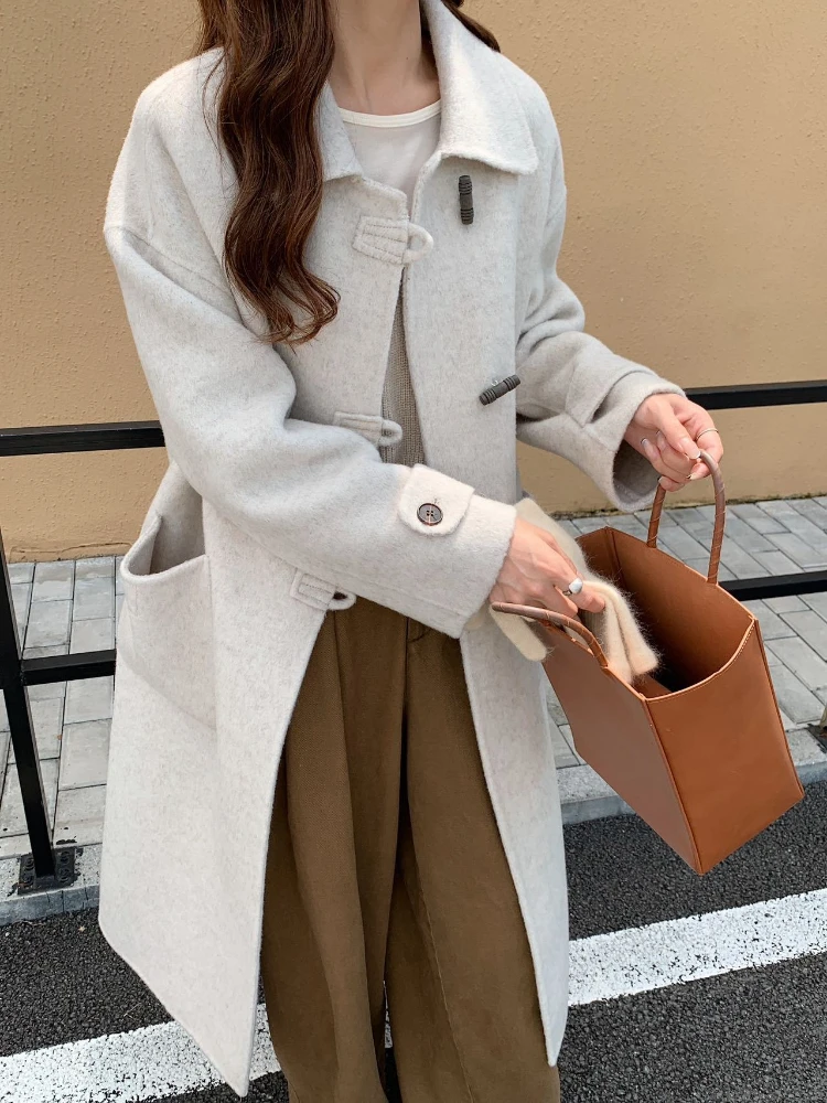 

2025 New Double-Sided Wool Coat Autumn Winter Doll Collar Duffle Buckle Long Parkas Korean Casual Loose Thicken Woolen Overcoat