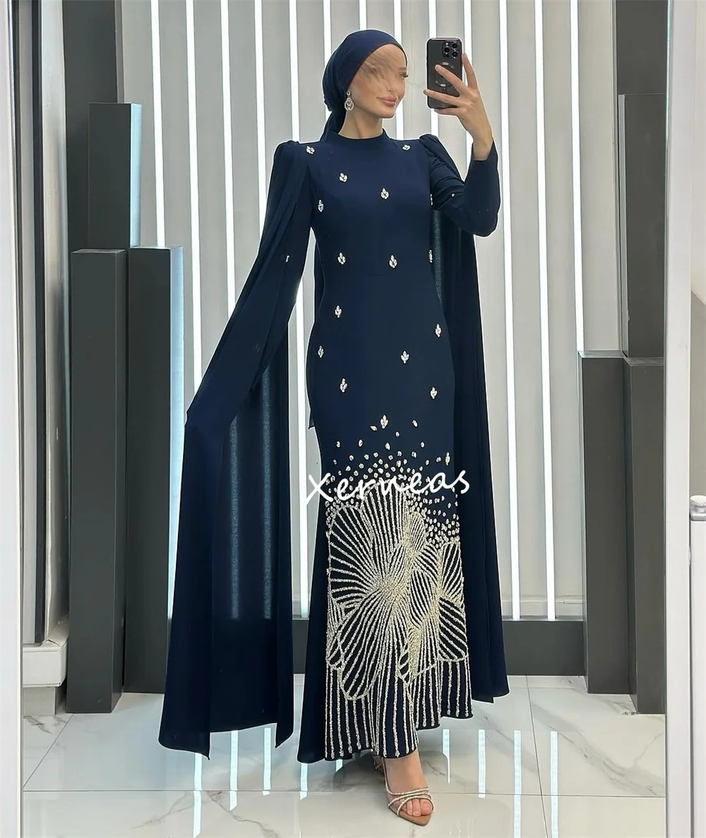 Personalizado jérsei strass padrão gola alta sereia midi vestidos sob medida ocasião clássico lindo vestido de festa à noite